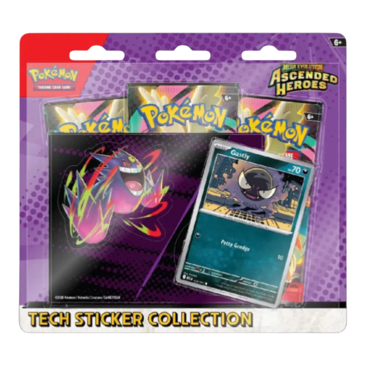 HypeSelection Pokémon TCG Mega Evolution Ascended Heroes 3-Pack Blister with Gastly promo card and sticker sheet.