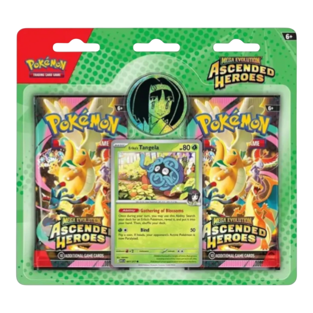 HypeSelection Pokémon TCG Mega Evolution Ascended Heroes 2-Pack Blister featuring Erika’s Tangela promo card and coin.