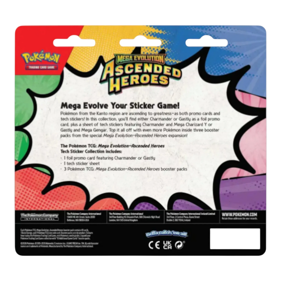 HypeSelection Pokémon TCG Mega Evolution Ascended Heroes 3-Pack Blister featuring Gastly, 3 booster packs, promo card, and stickers.