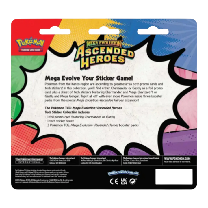 HypeSelection Pokémon TCG Mega Evolution Ascended Heroes 3-Pack Blister featuring Gastly, 3 booster packs, promo card, and stickers.