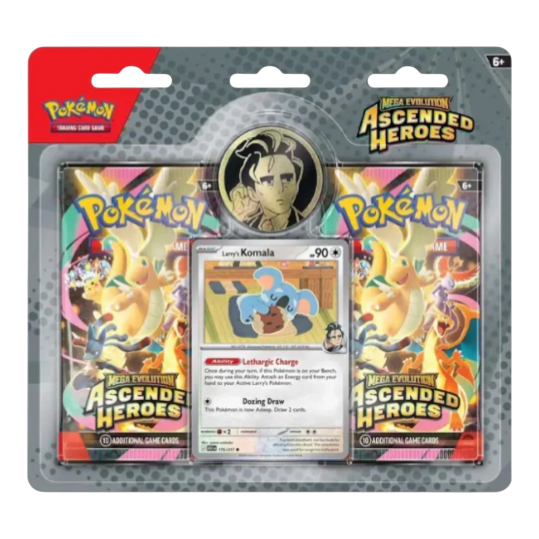 HypeSelection Pokémon TCG Mega Evolution Ascended Heroes blister pack with 2 booster packs, Larry's Komala promo card, and metallic coin.