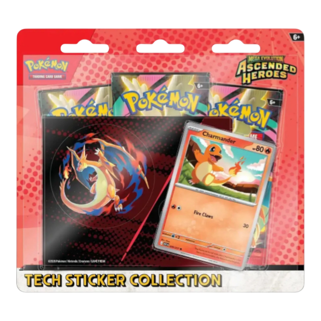 HypeSelection Pokémon TCG Mega Evolution Ascended Heroes blister pack with 3 sealed booster packs, a Charmander promo card, and sticker sheet.