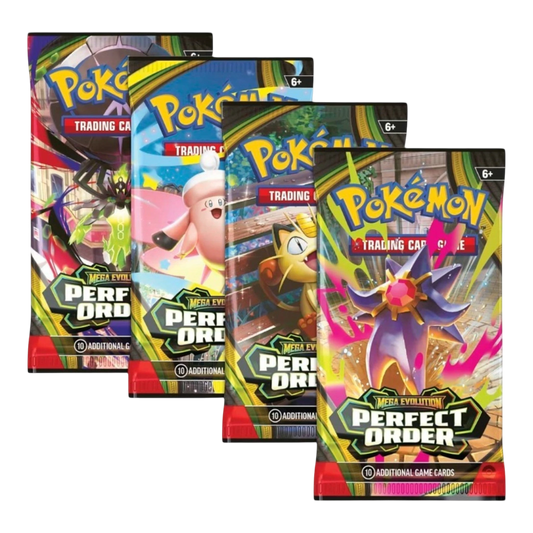 HypeSelection Pokémon TCG Mega Evolution: Perfect Order booster packs featuring Mega Zygarde ex, Mega Clefable ex, Mega Starmie ex, and Meowth ex.