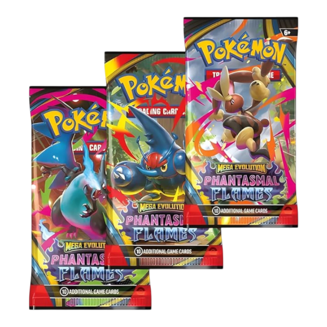 HypeSelection Pokémon TCG Mega Evolution Phantasmal Flames booster packs featuring Mega Charizard X and Mega Gengar ex artwork.