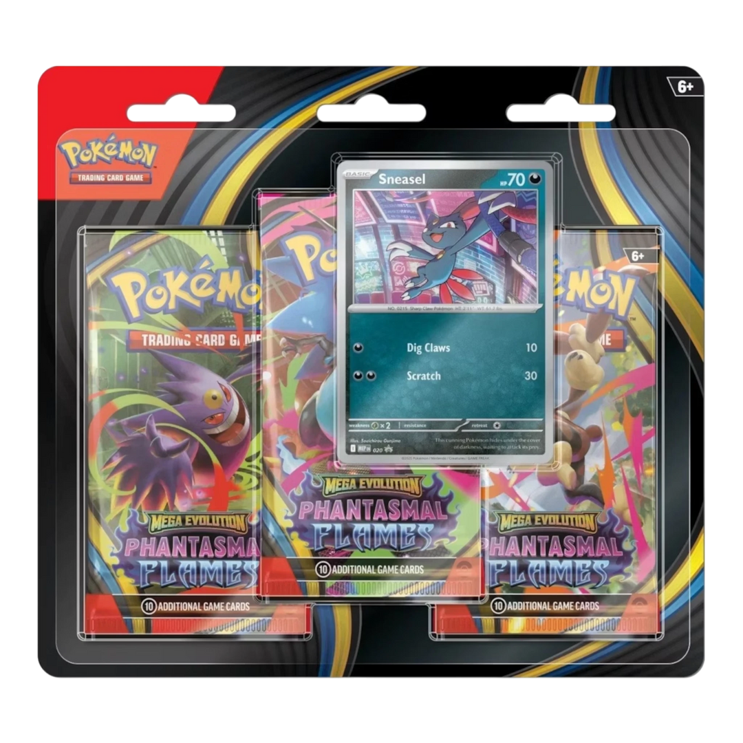 HypeSelection Pokémon TCG Phantasmal Flames 3-Pack Blister with exclusive Sneasel foil promo card and booster packs.