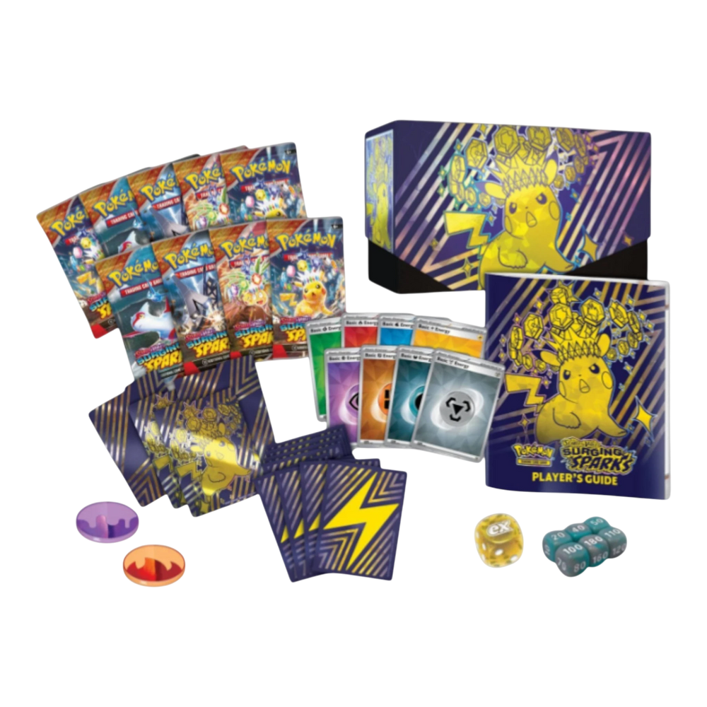 HypeSelection Pokémon TCG Scarlet & Violet Surging Sparks Elite Trainer Box with booster packs, player's guide, dice, and energy cards.