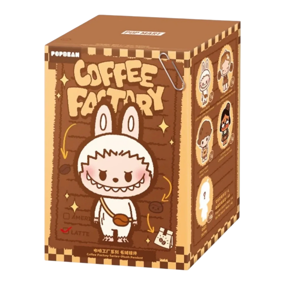 HypeSelection Pop Mart POP BEAN Coffee Factory Series blind box featuring a cute plush character in a coffee-themed outfit.