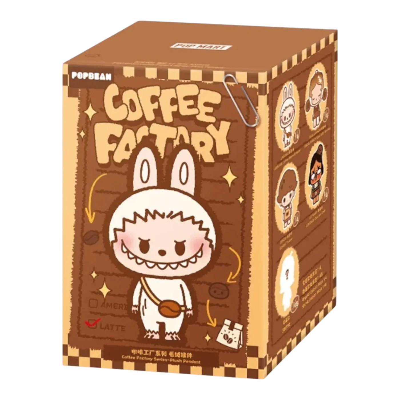 HypeSelection Pop Mart POP BEAN Coffee Factory Series blind box featuring a cute plush character in a coffee-themed outfit.