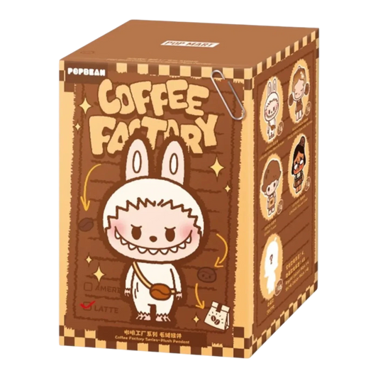 HypeSelection Pop Mart POP BEAN Coffee Factory Series blind box featuring a cute plush character in a coffee-themed outfit.