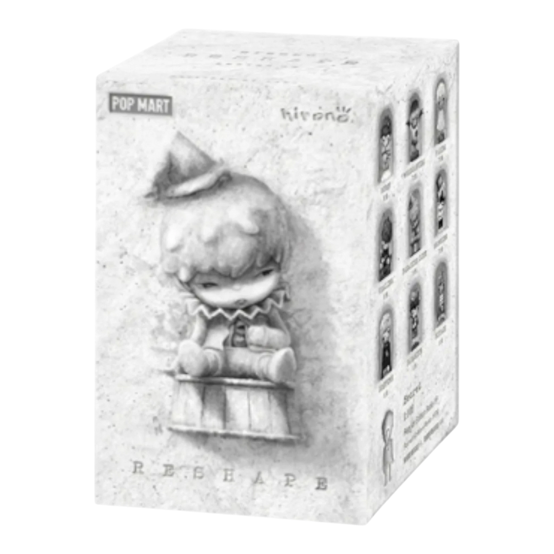 HypeSelection Pop Mart Hirono Reshape Series blind box with a monochrome figure sitting and wearing a hat. Features 9 standard designs and a secret figure.