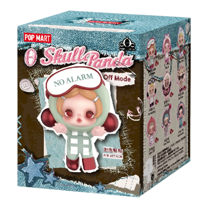 HypeSelection Pop Mart Skullpanda Off Mode blind box featuring a cute PVC figure with a No Alarm sleep mask design.