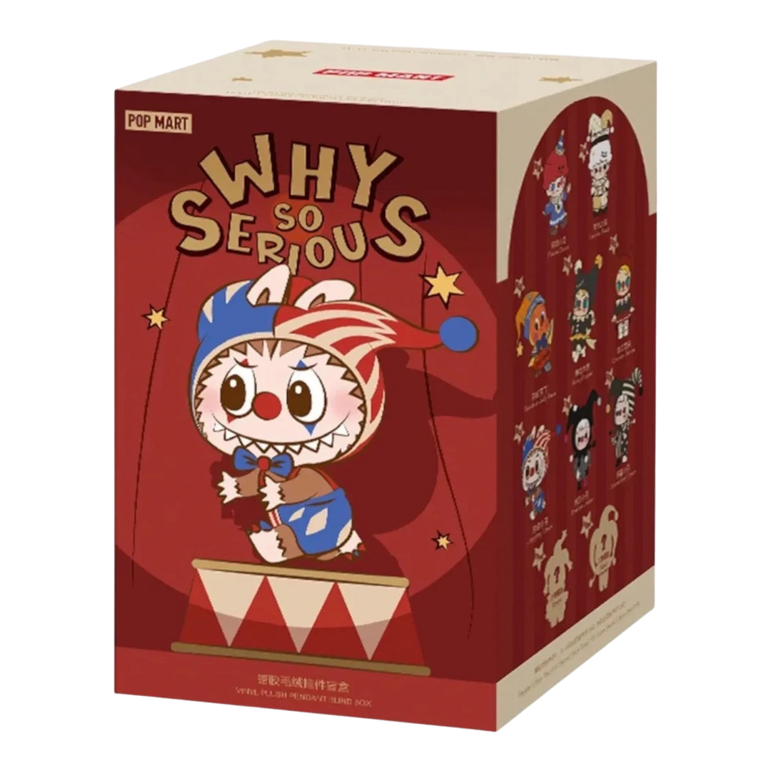HypeSelection Pop Mart WHY SO SERIOUS Series vinyl plush pendant blind box featuring a clown character with a red and blue jester hat.