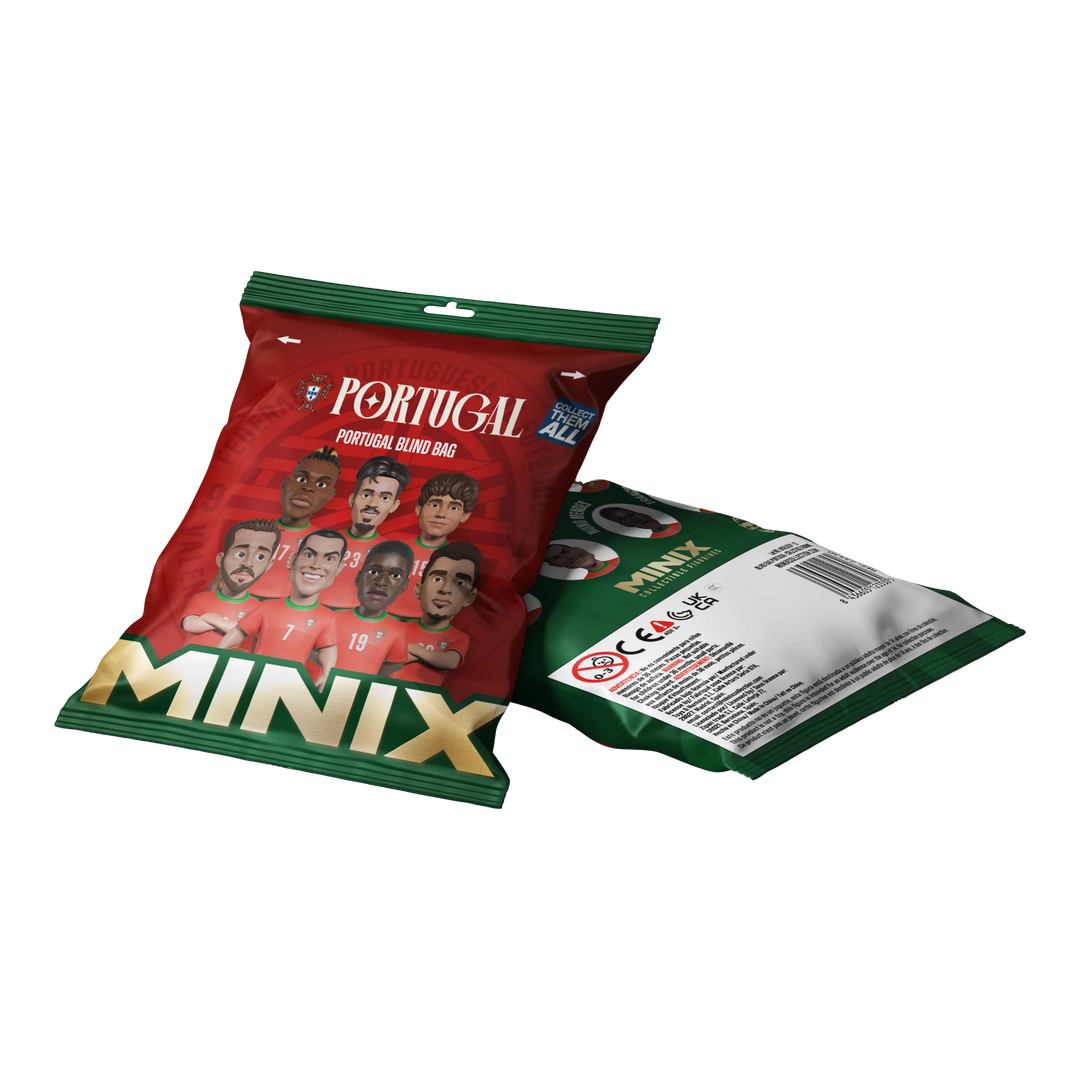 HypeSelection Minix Portugal National Team 7cm blind bag featuring caricature football players in red kits.