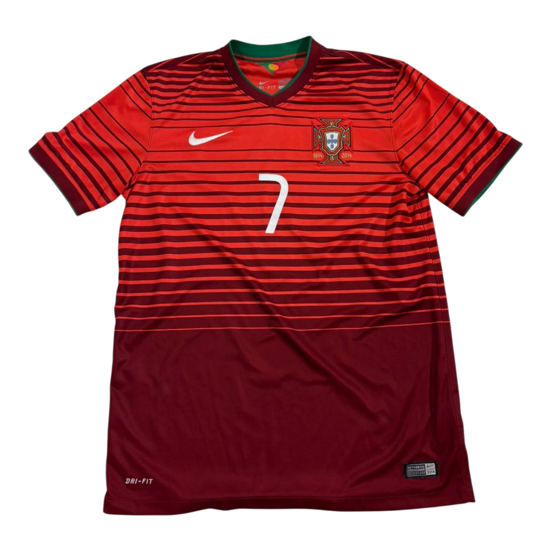 HypeSelection Vintage Nike Portugal Ronaldo jersey with number 7, red and maroon striped design, short sleeves, V-neck.