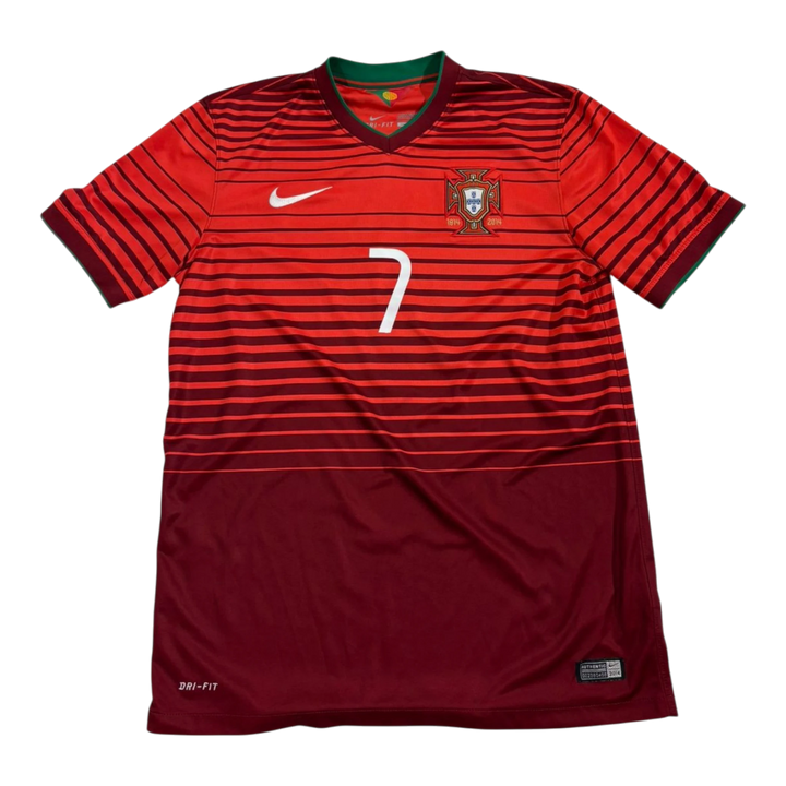 HypeSelection Vintage Nike Portugal Ronaldo jersey with number 7, red and maroon striped design, short sleeves, V-neck.