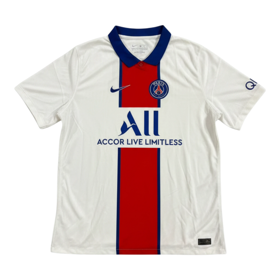 HypeSelection Paris Saint-Germain 2020-21 white polyester away jersey with blue collar and red/blue centre stripe. Features Nike logo and club crest.