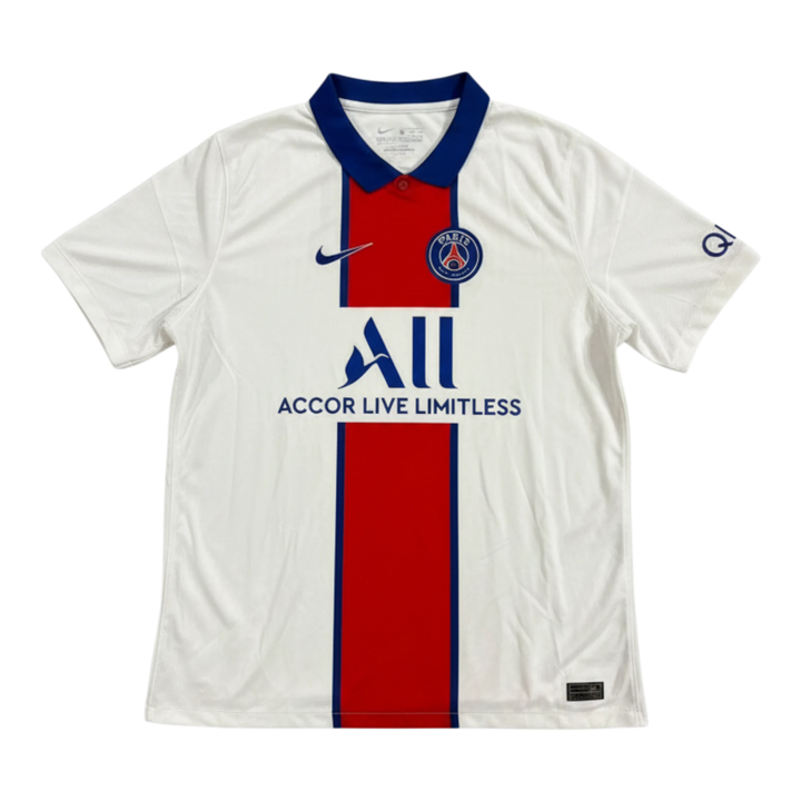 HypeSelection Paris Saint-Germain 2020-21 white polyester away jersey with blue collar and red/blue centre stripe. Features Nike logo and club crest.
