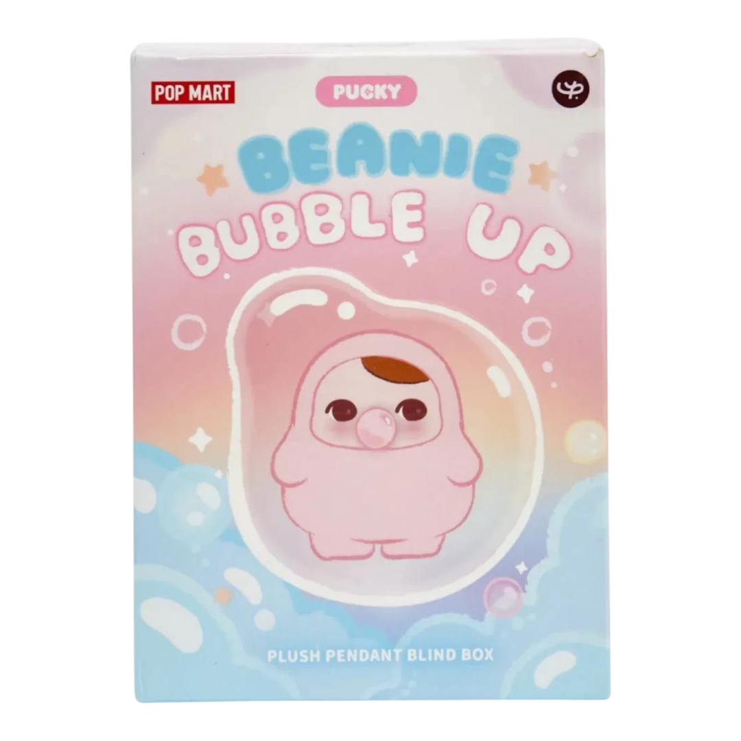 HypeSelection Pop Mart Pucky Beanie Bubble Up Series blind box featuring a pink plush pendant inside a bubble. Pastel pink and blue design.
