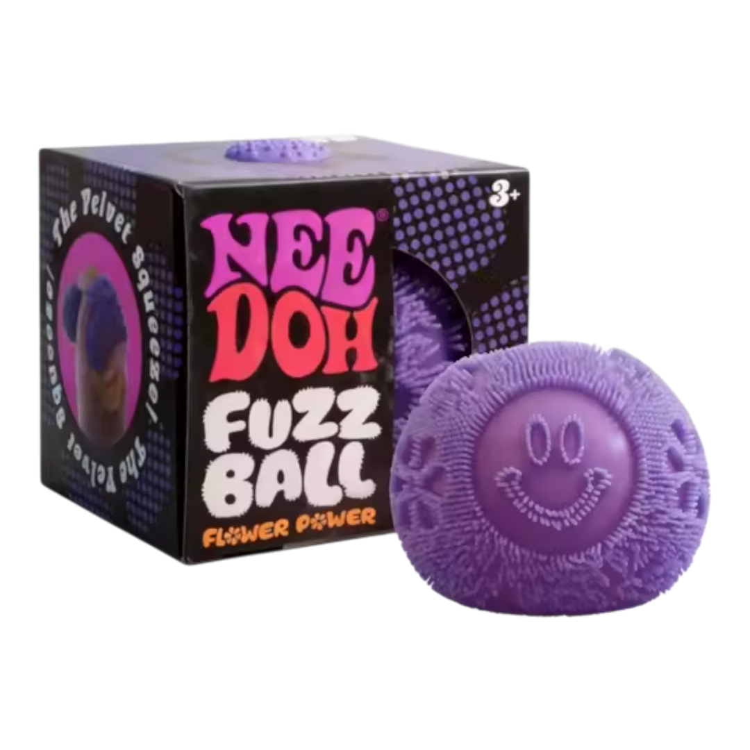 HypeSelection NeeDoh Fuzzball sensory toy in purple with a smiley face design. Fuzzy textured TPR exterior.