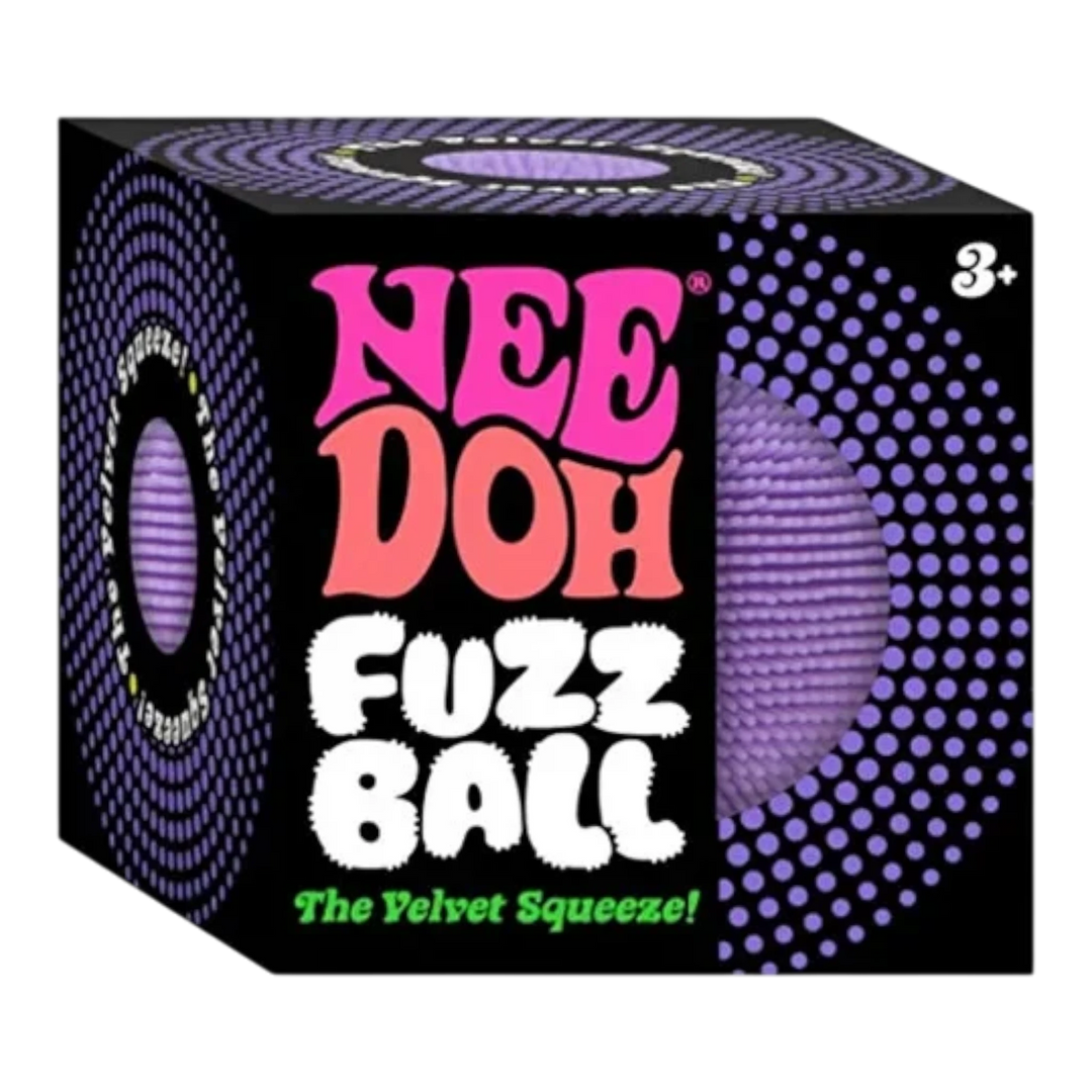 HypeSelection purple NeeDoh Fuzz Ball velvet-textured sensory fidget toy in its branded display packaging