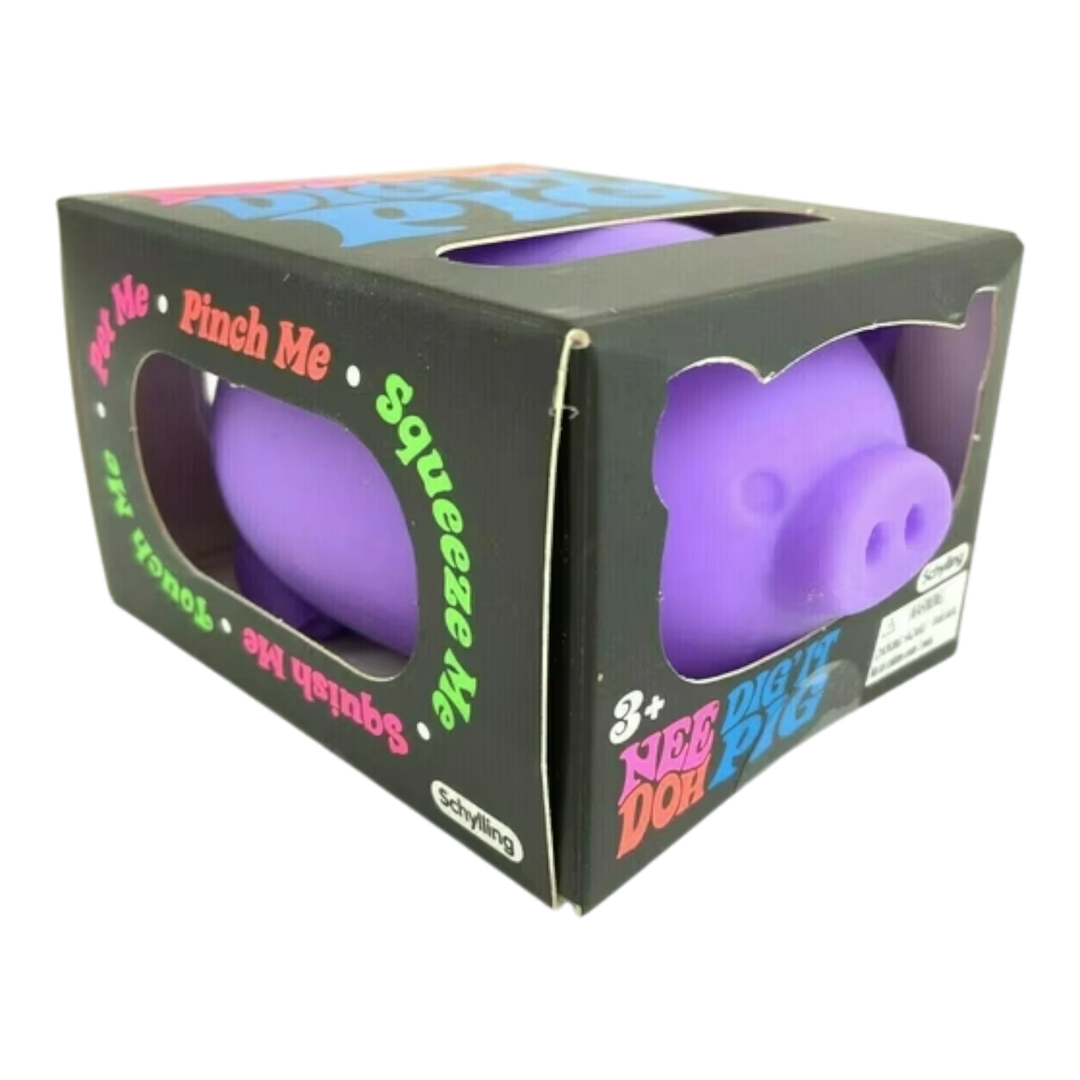 NeeDoh Dig' It Pig sensory fidget toy in purple, shaped like a pig with a squishy TPR outer shell and dough-like filling.