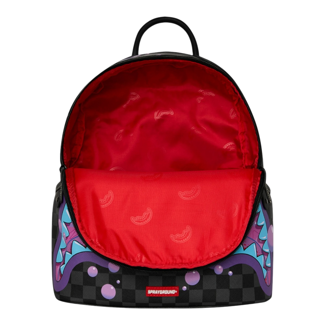 HypeSelection Sprayground purple slime graphic backpack with black checkerboard pattern and red interior.