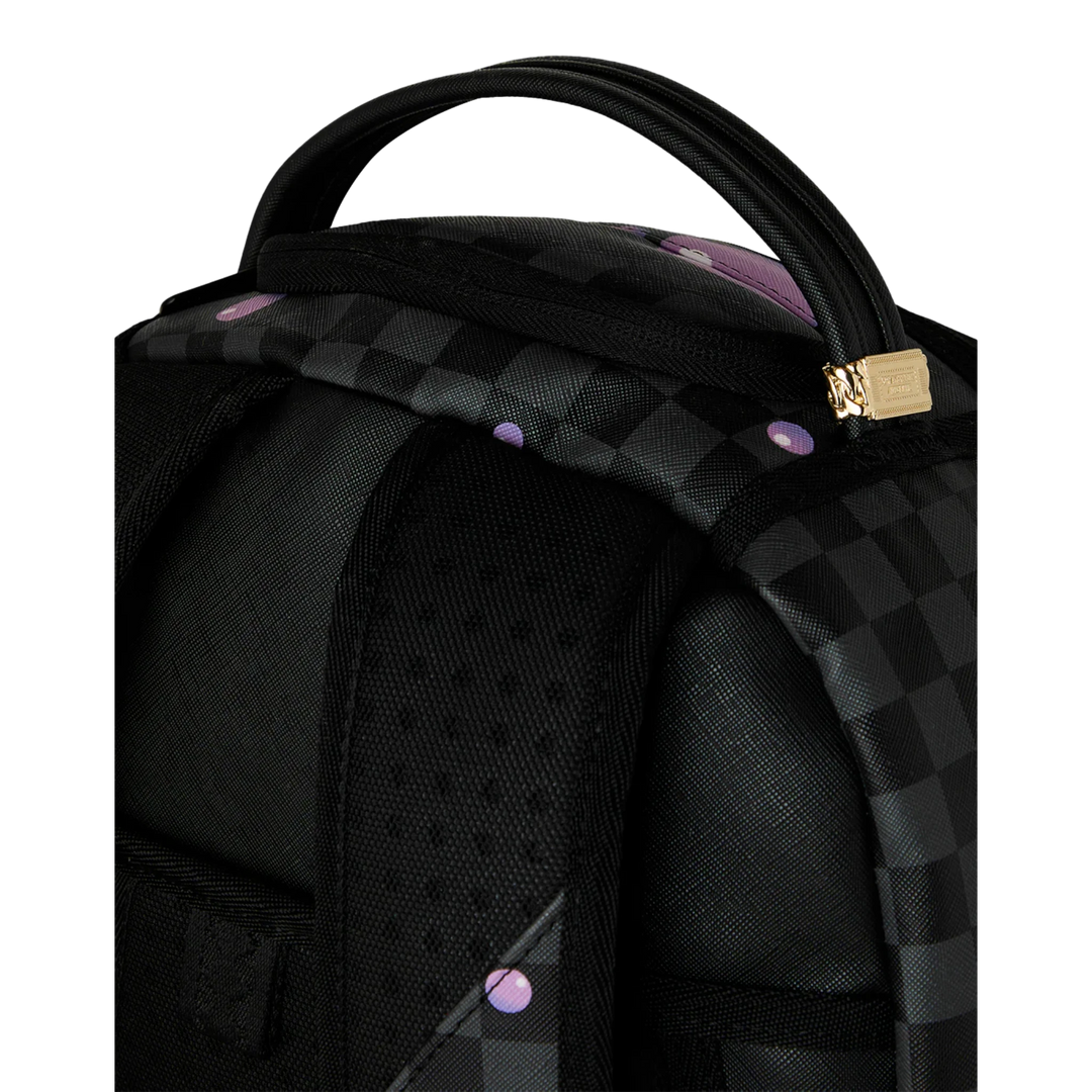 HypeSelection black PVC backpack with purple slime graphic and checkered pattern, featuring gold hardware and padded straps.