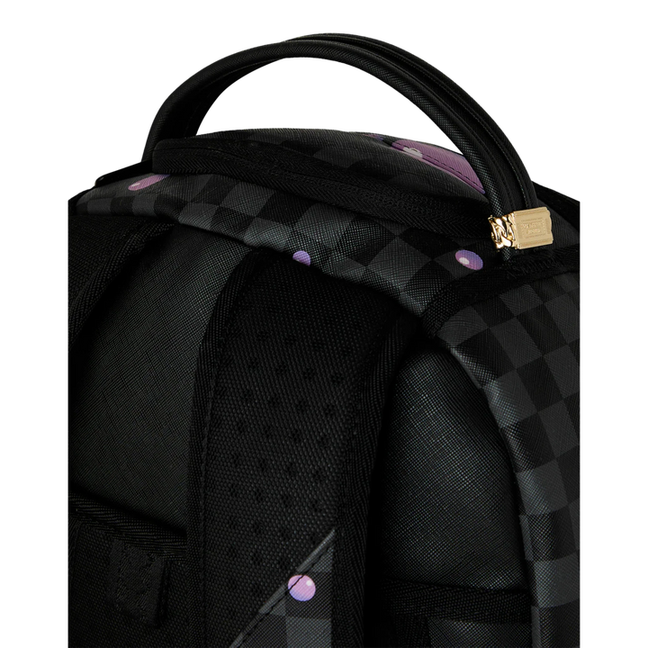 HypeSelection black PVC backpack with purple slime graphic and checkered pattern, featuring gold hardware and padded straps.