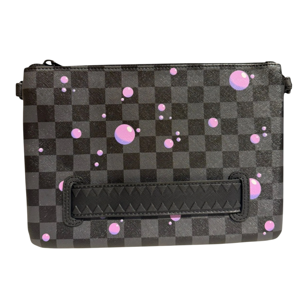 HypeSelection black and grey checkered crossover clutch with purple slime bubble graphic and black textured strap.