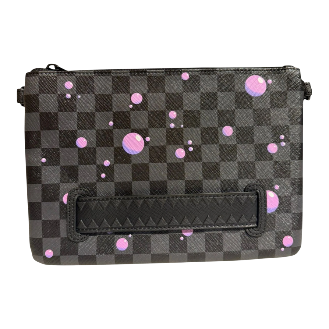 HypeSelection black and grey checkered crossover clutch with purple slime bubble graphic and black textured strap.