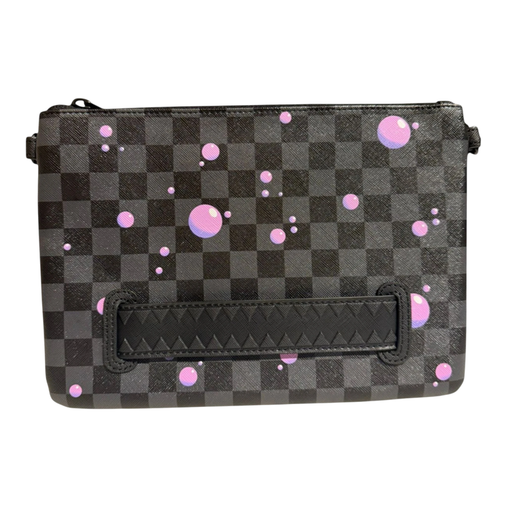 HypeSelection black and grey checkered crossover clutch with purple slime bubble graphic and black textured strap.