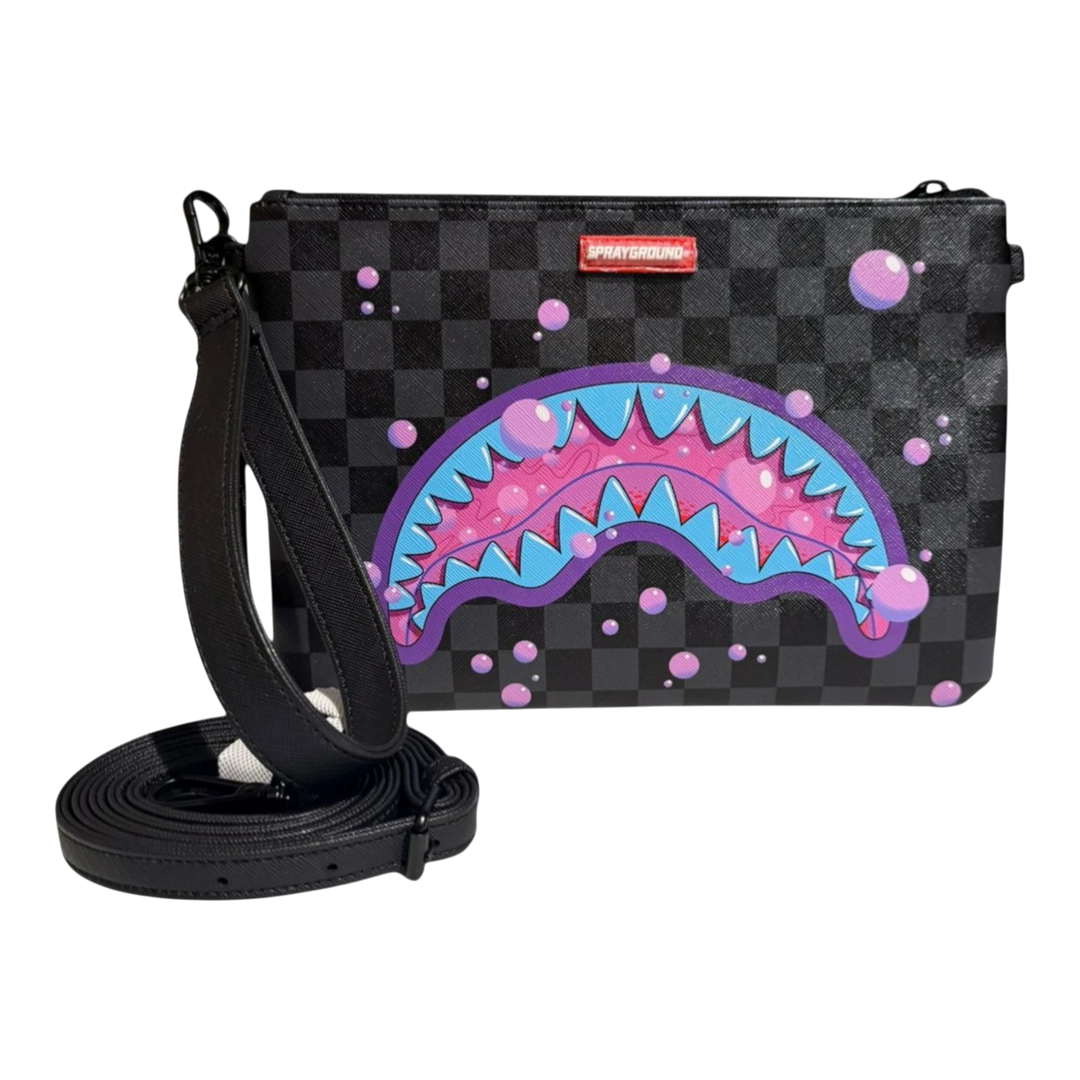 HypeSelection crossover clutch with black checkerboard pattern, purple slime shark graphic, and pink bubbles. Includes detachable strap.
