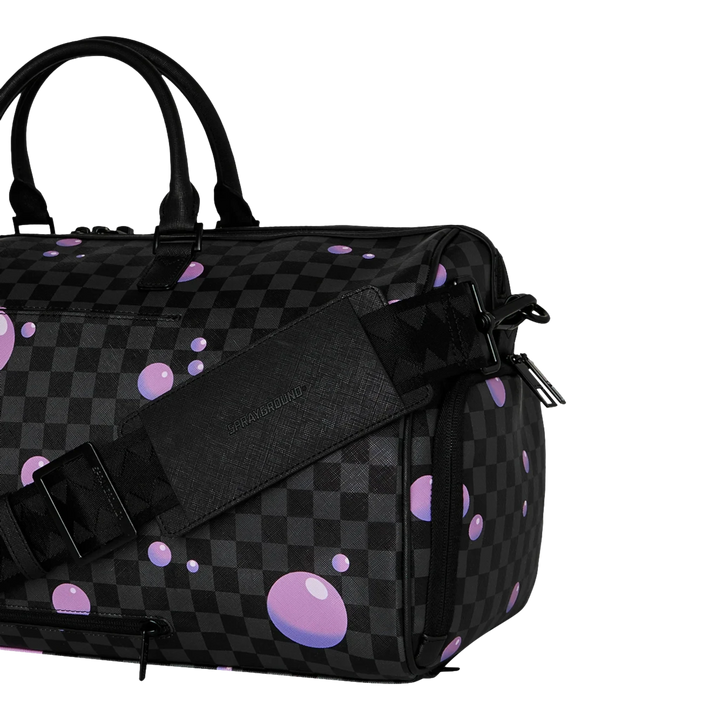 HypeSelection black faux leather duffle bag with purple slime and checkerboard print, featuring a shoulder strap.