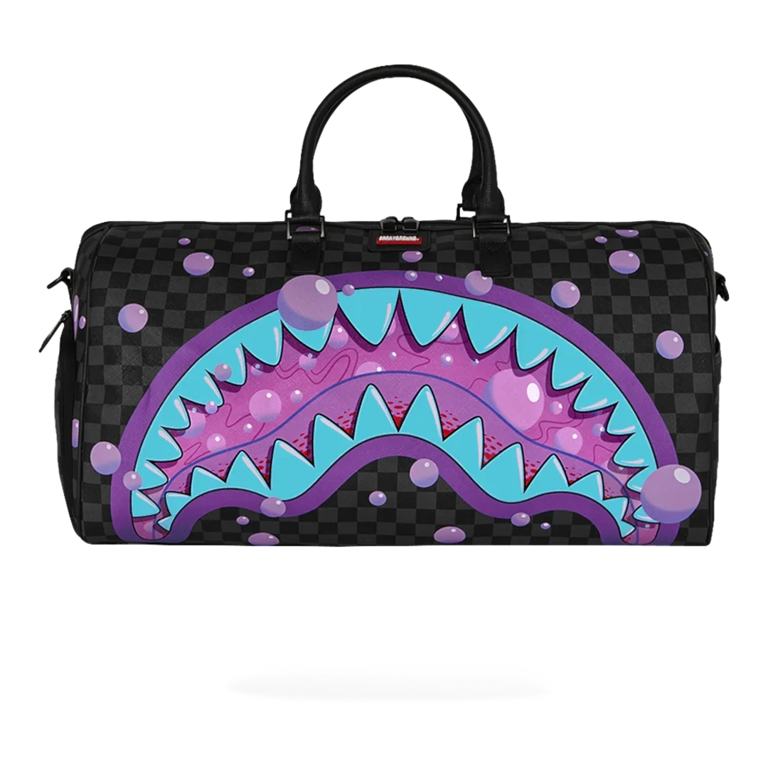 HypeSelection Purple Slime Takeover duffle bag with black checkerboard pattern, purple slime shark graphic, and purple bubbles. Faux leather.