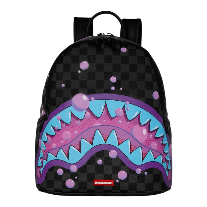 HypeSelection Sprayground black checkered backpack with purple slime shark mouth graphic and pink bubbles.