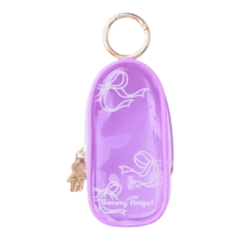 HypeSelection purple transparent PVC Sonny Angel mini figure carrying case with white ribbon design and gold zipper pull.