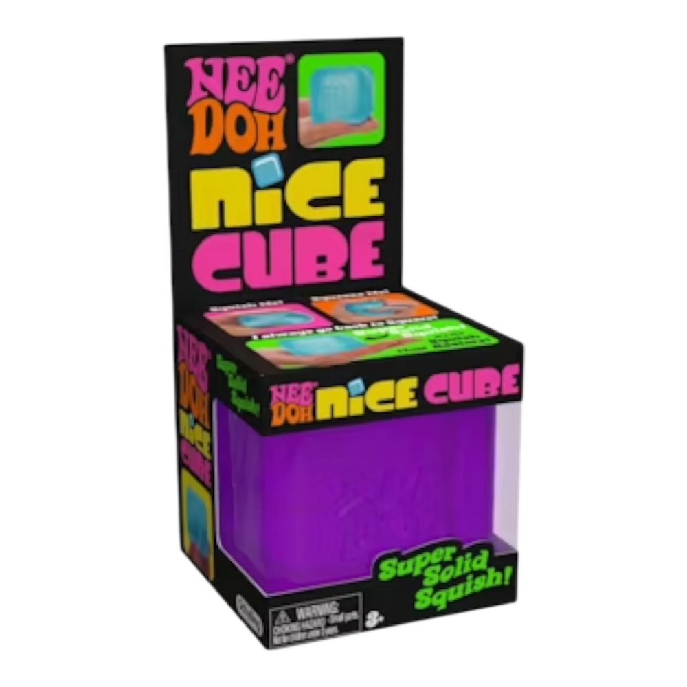 HypeSelection NeeDoh Nice Cube squishy fidget toy in purple, packaged in its branded box.