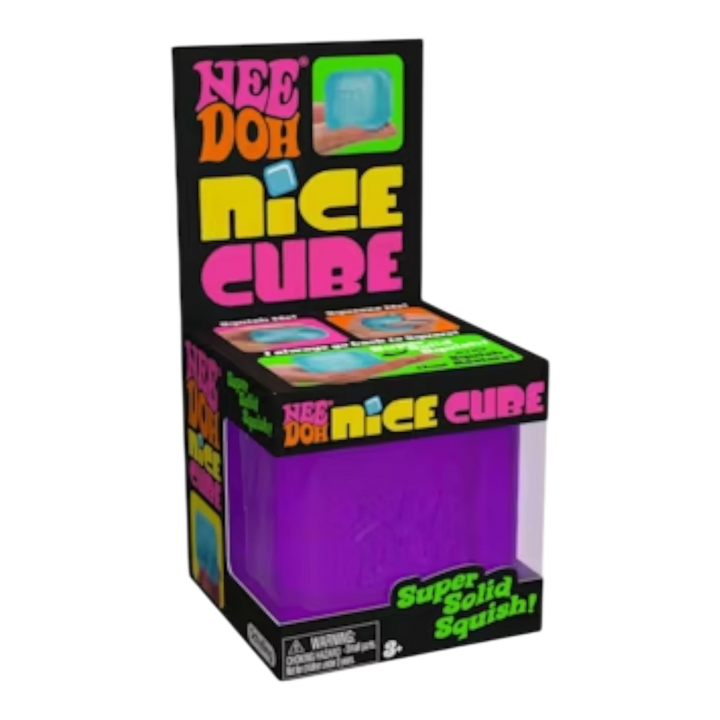 HypeSelection NeeDoh Nice Cube squishy fidget toy in purple, packaged in its branded box.