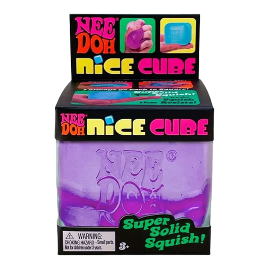 NeeDoh Nice Cube squishy fidget toy in translucent purple, offering a slow-squish texture for stress relief.
