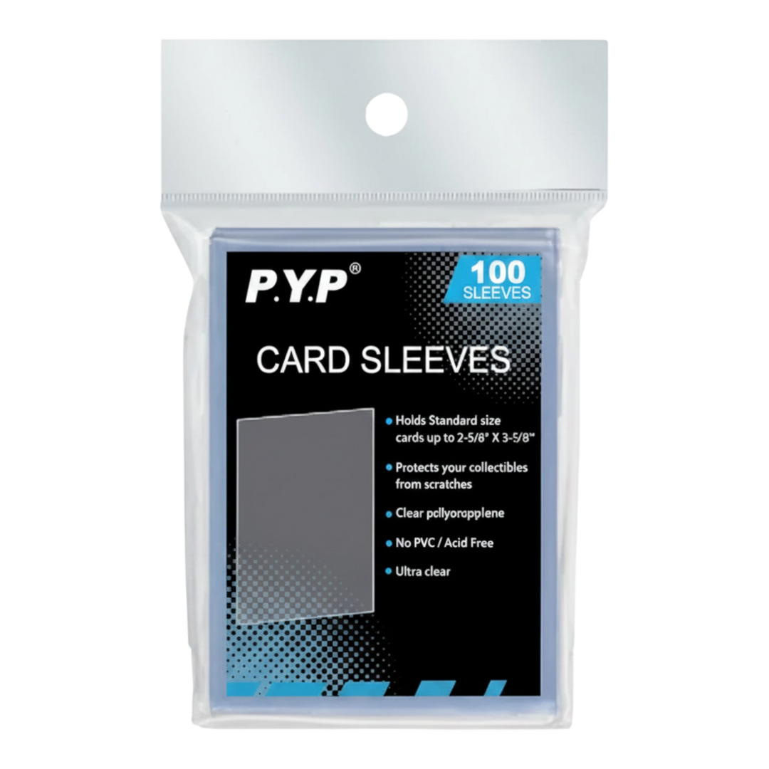 HypeSelection P.Y.P 100-pack clear polypropylene card sleeves for standard trading cards, acid-free and non-PVC.