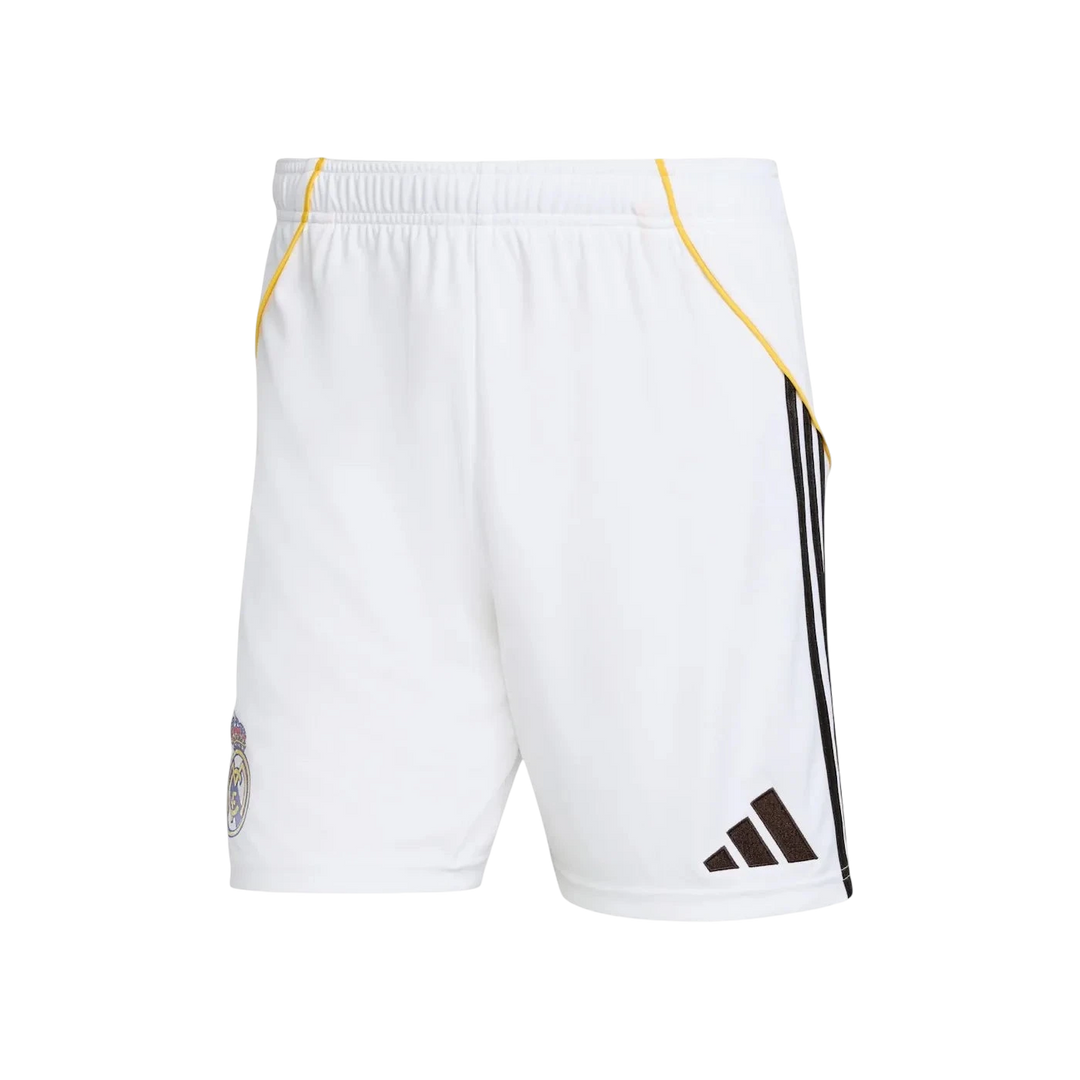 HypeSelection vintage white adidas Real Madrid 23/24 home football shorts with gold trim and black stripes.