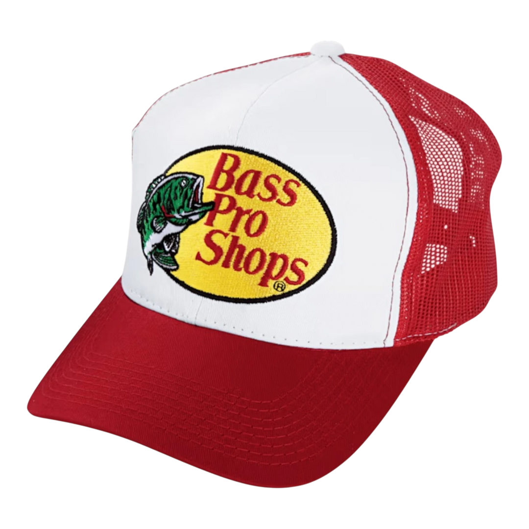 HypeSelection red and white trucker cap with Bass Pro Shops embroidered logo on front and mesh back panels.