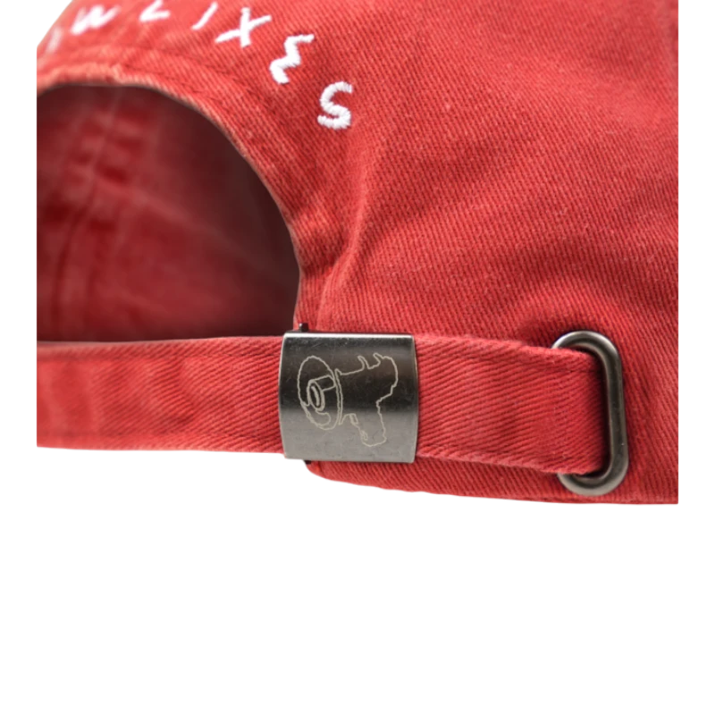 HypeSelection red distressed cotton baseball cap with white embroidered text and metal logo buckle.