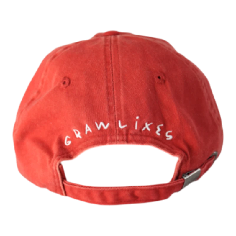 HypeSelection red distressed cotton baseball cap with white Grawlixes logo on back, adjustable strap.