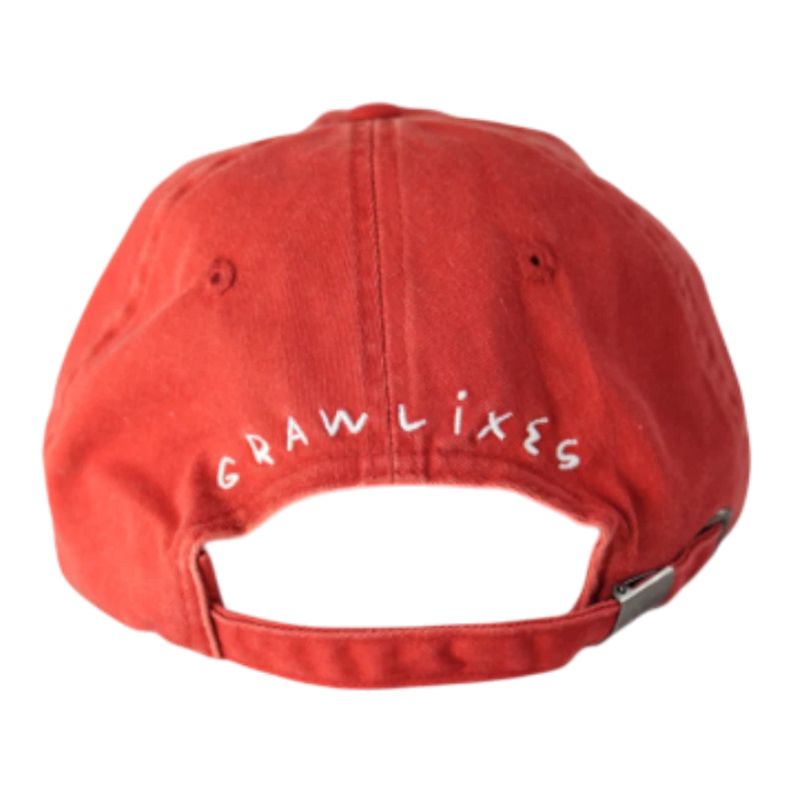 HypeSelection red distressed cotton baseball cap with white Grawlixes logo on back, adjustable strap.