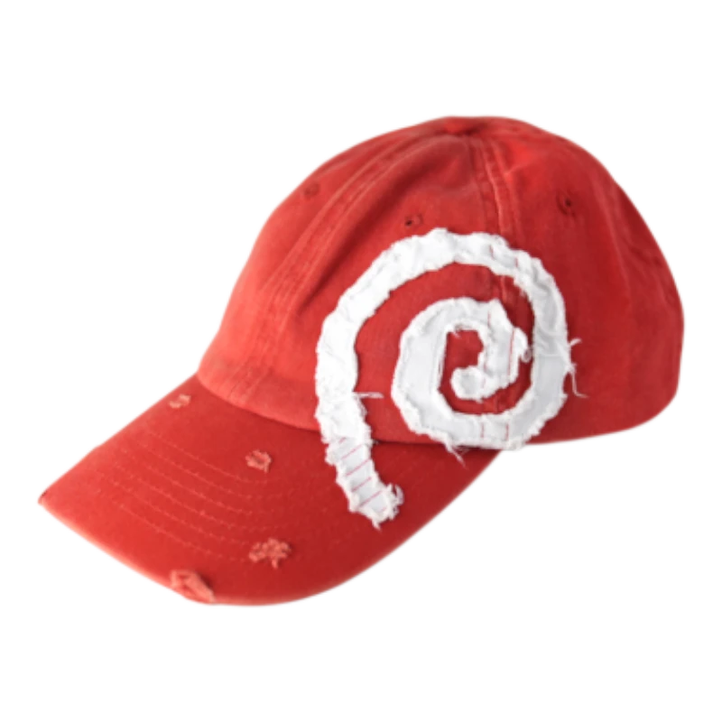 HypeSelection red distressed baseball cap with white spiral applique and adjustable strap.