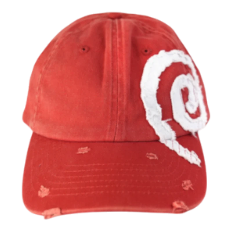 HypeSelection red distressed baseball cap with white spiral graphic and adjustable strap