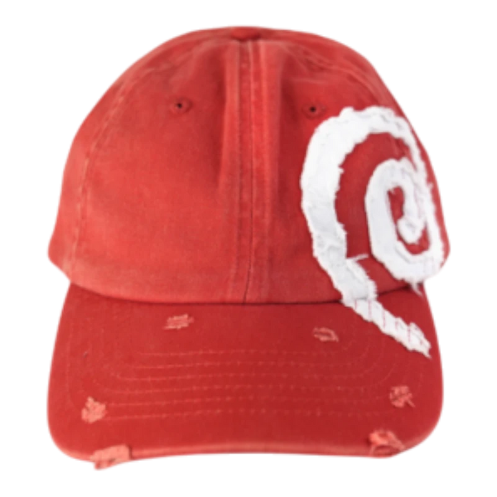 HypeSelection red distressed baseball cap with white spiral graphic and adjustable strap