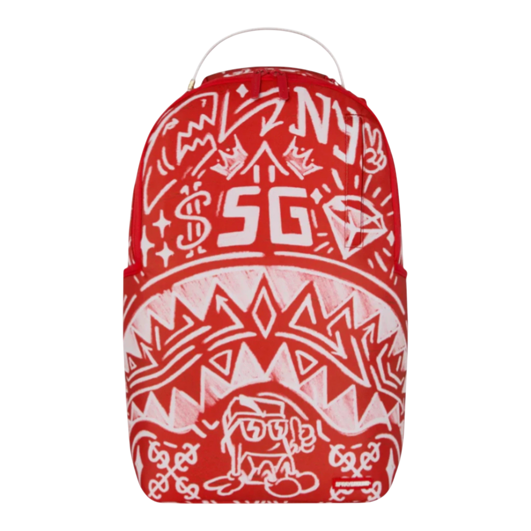 HypeSelection red and white graffiti print faux leather backpack with multiple compartments and adjustable straps.