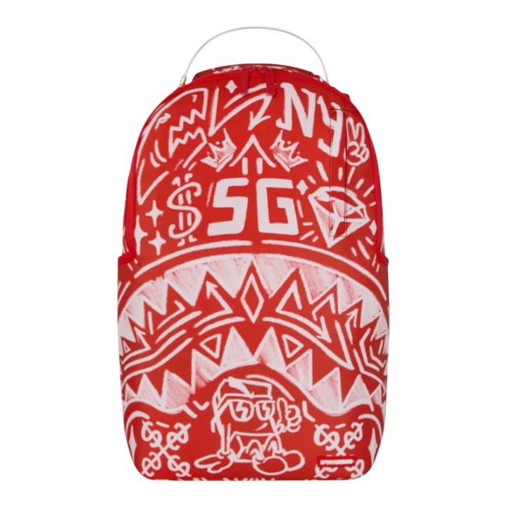HypeSelection red and white graffiti print faux leather backpack with multiple compartments and adjustable straps.